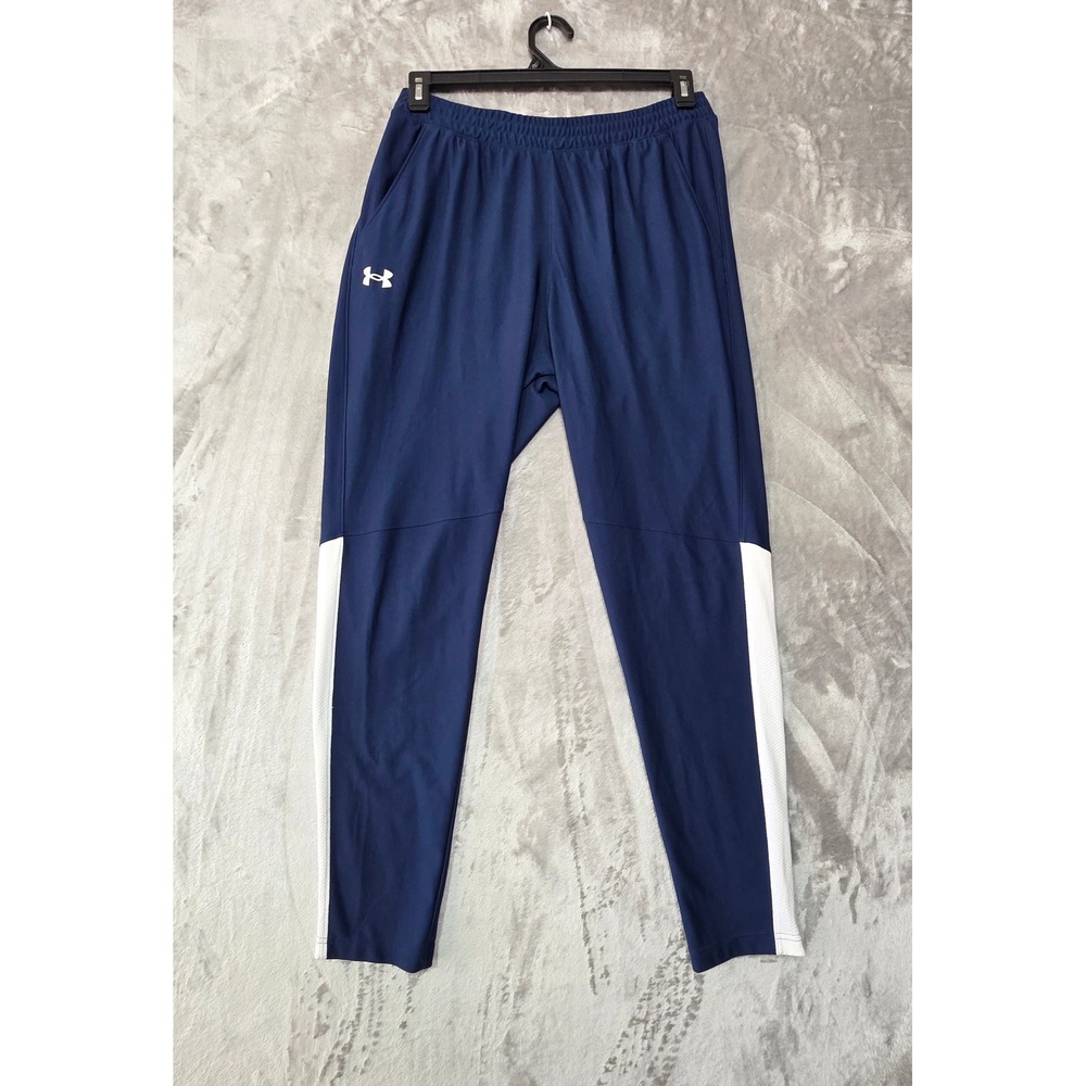 Under Armour Mens Navy Blue White Mesh Trim Fitted Track Pants Large 1390
